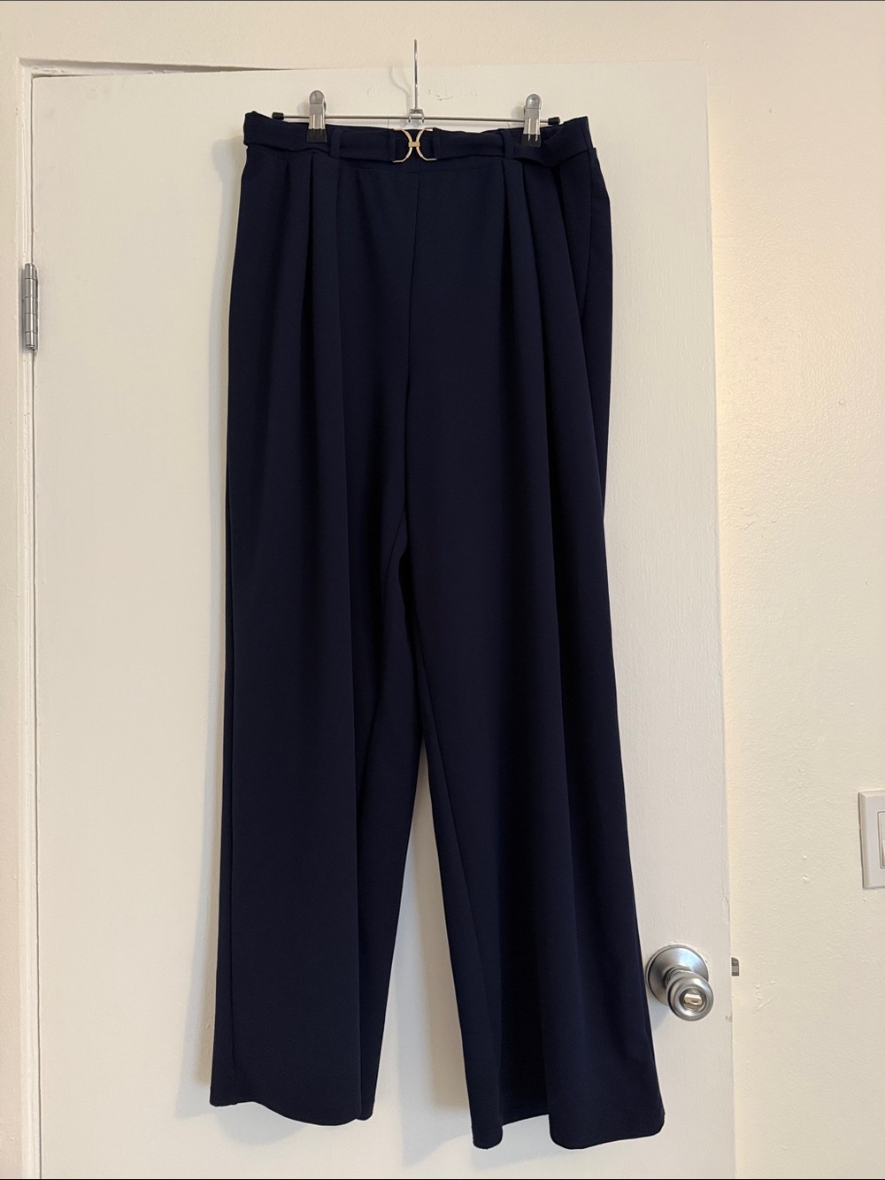 H&M Dark Navy High-Waist Wide-Leg Trousers with Belt Detail